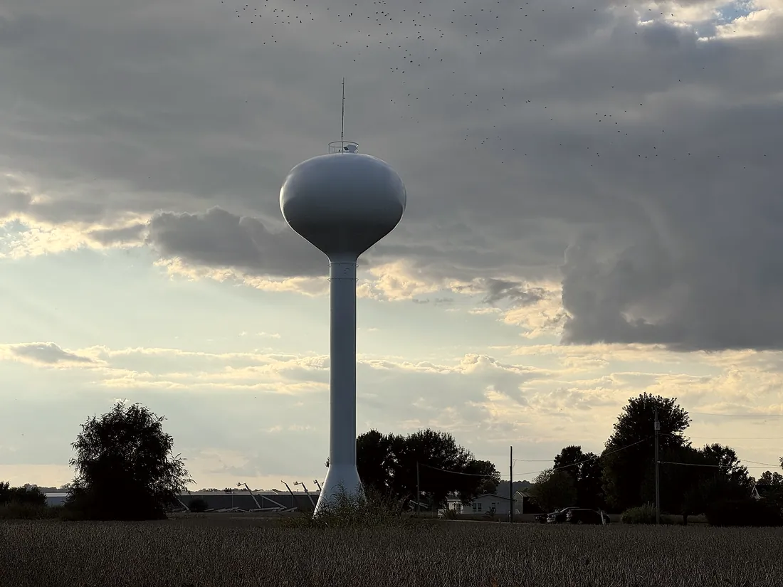 Water tower rising over trees under a stormy sky